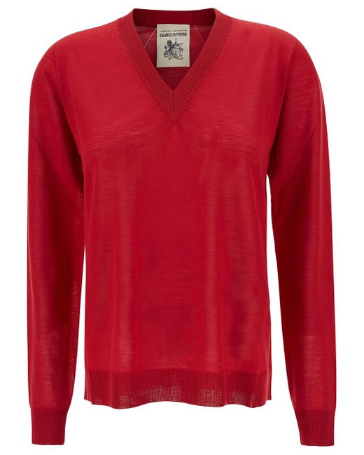 Semicouture Red 'Nikita' Pullover With V Neckline And Ribbed Trim