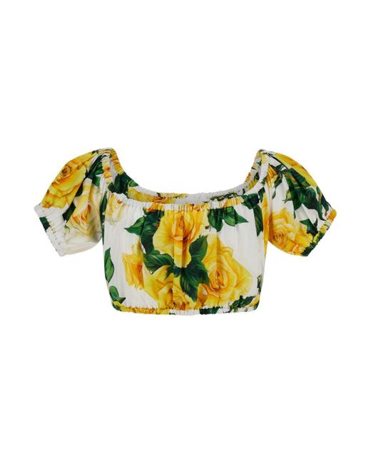 Dolce & Gabbana Yellow Crop Top With All-Over Flower Print