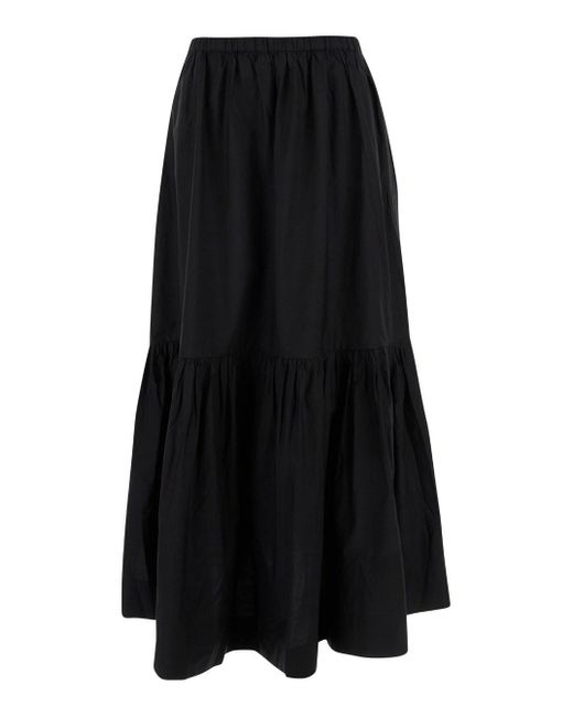Cotton Poplin Maxi Flounce Skirt di Ganni in Black
