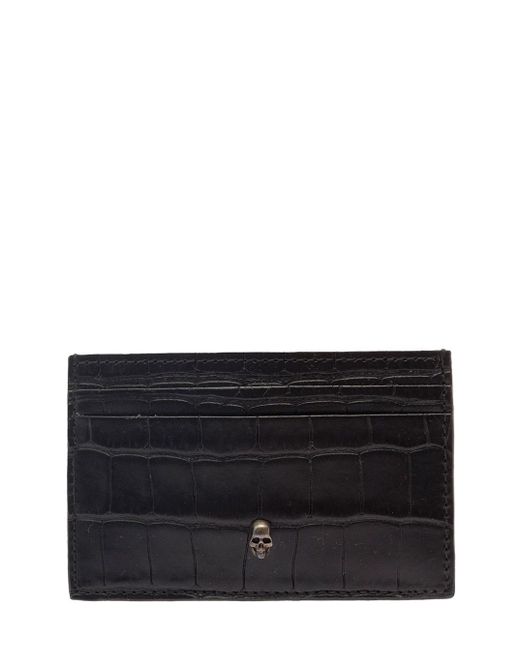 Alexander McQueen Black Card-holder With Mini Skull Patch In Croco Embossed Leather for men