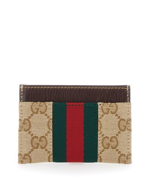 Gucci Natural Card Holder With Metallic Horsebit And Web Stripe