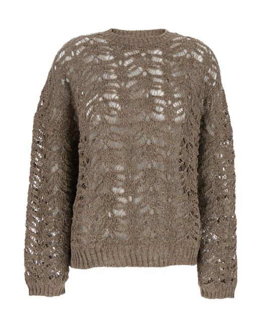 Brunello Cucinelli Brown 'Dazzling' Round Neck Sweater With Open Stitch And Beaded Decorations