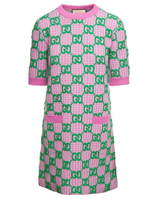 Gucci Green Houndstooth Minidress With gg Logo All-over In Wool Woman