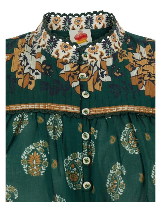 Farm Rio Green 'Ayla' Blouse With All-Over Floral Motif And Buttoned Cuffs