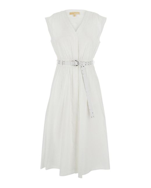 Michael Kors White Sleeveless Long Dress With V Neck And Adjustable Belt