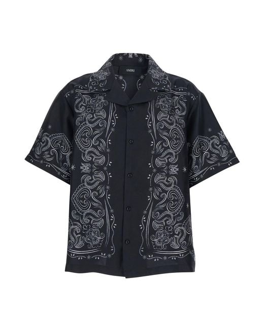 Amiri Blue Silk Shirt With Cuban Collar And All-Over Bandana Print Fo for men