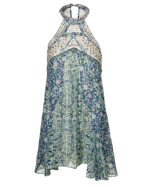 Isabel Marant Blue Mini Dress Wth Halterneck And Paillettes In Silk And Lurex