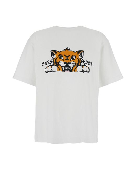 KENZO White 'Gots Happy Tiger' Crewneck T-Shirt With Maxi Logo Embroidery On The Front And Logo Lettering On The Rear for men