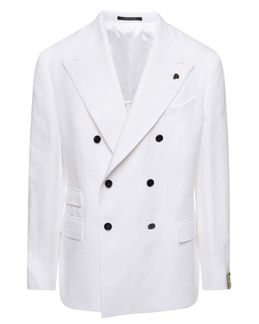 Gabriele Pasini White Double-breasted Jacket With Skull Pin In Linen Man for men