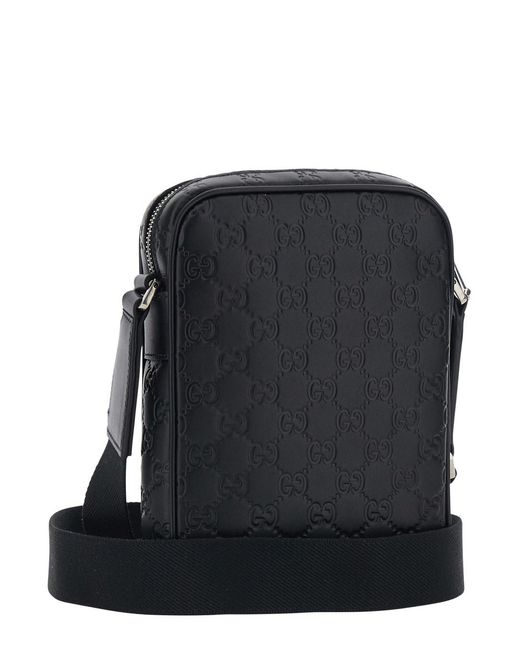 Gucci Men's Leather GG Emblem Crossbody Bag Black