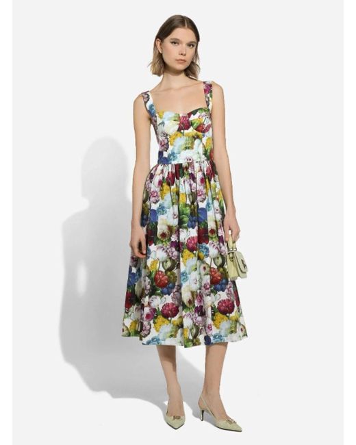 Dolce & Gabbana White Midi Multicolor Dress With All-over Floreal Print And Flared Skirt In Cotton Woman
