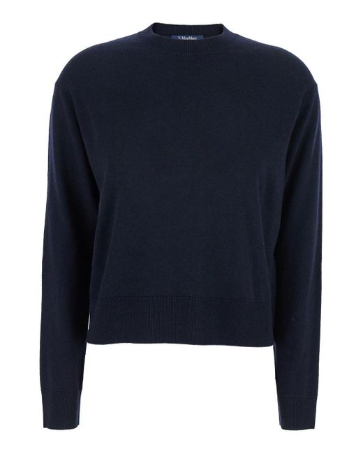 Max Mara Blue 'Eco' Crewneck Sweater With Contrasting Logo Patch On