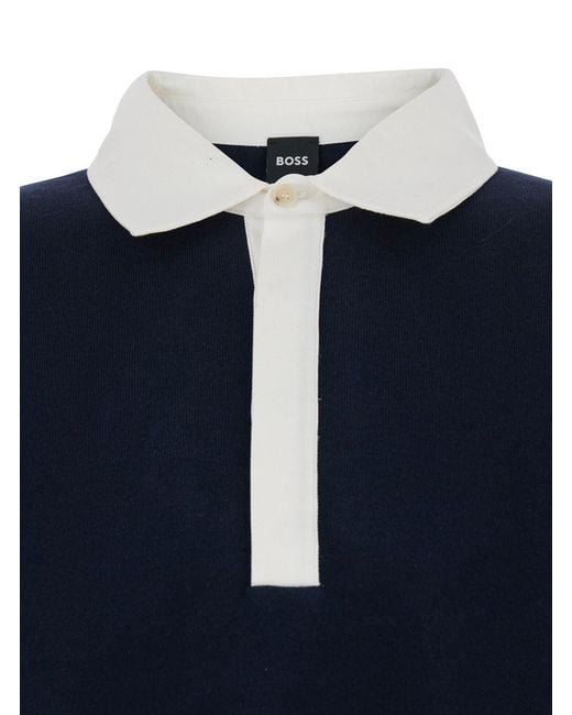 Boss Blue Sweater With Polo-Shirt Style Collar for men
