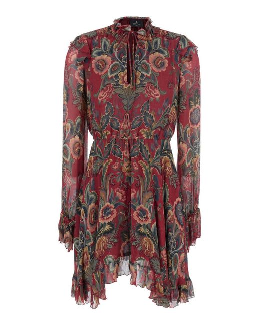 Abito Mini Con Ruches E Stampa Floreale All-Over di Etro in Red