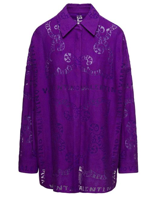 Valentino Oversized Purple Shirt With Mini Bandana Motif In Cotton Guipure Lace Woman