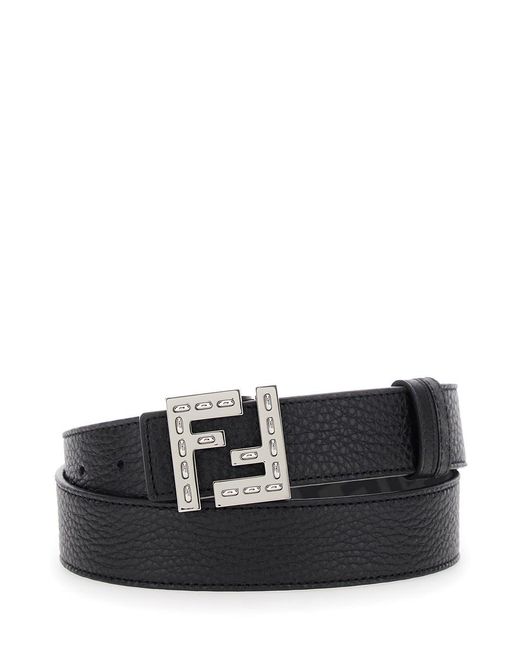 Fendi Black Belt With Metallic Ff Logo Plate On The Front And Ff Interior Motif for men