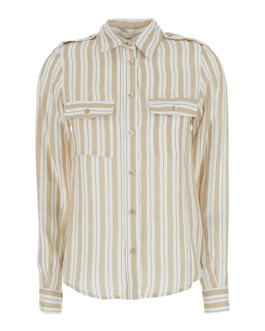 Semicouture White Shirt With Classic Collar And All-Over Striped Motif
