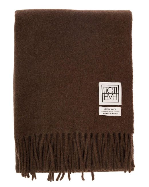 Totême  Brown Scarf With Logo Patch And Fringed Hem In Wool Woman