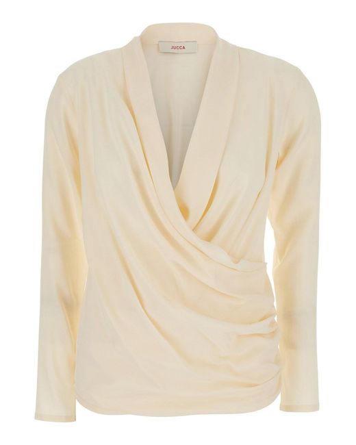 Jucca Natural V-Neck Blouse With Draping On The Front For