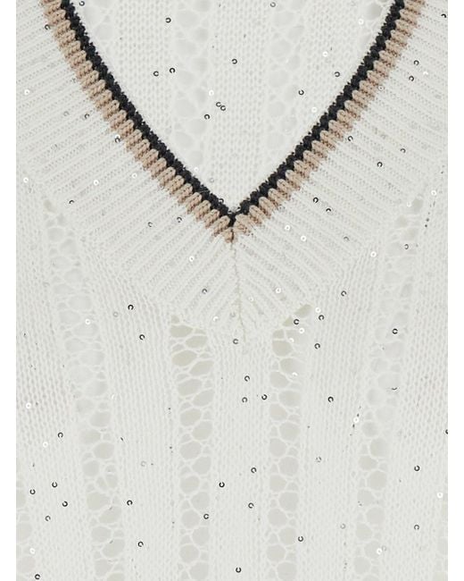 Maglione Con Scollo A V E Decorazione Con Paillette di Brunello Cucinelli in White