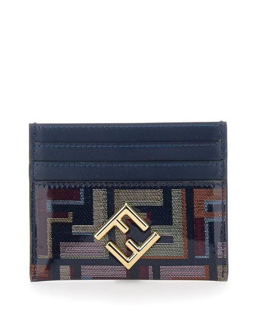 Fendi Blue Multicolour Card Holder With Metal Logo On Front And All-Over Ff Motif