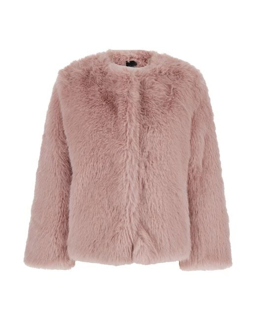 Le Plain Pink Crewneck Fur Jacket With Concealed Front Closure