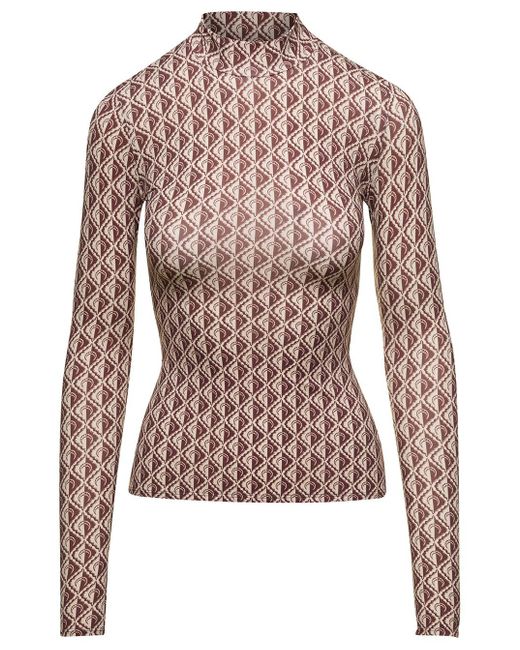 MARINE SERRE Natural Long Sleeved Top With All-over Moon Diamant Print In Polyamide
