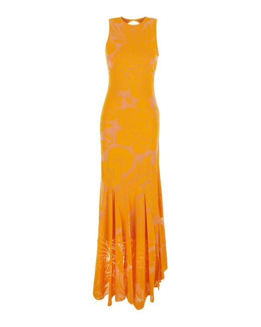 Etro Orange Long Dress With Semi-Transparent Design And Cut Out Detail On The Back
