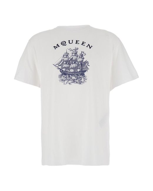 T-Shirt Girocollo Con Stampa Logo Sul Fronte di Alexander McQueen in White da Uomo