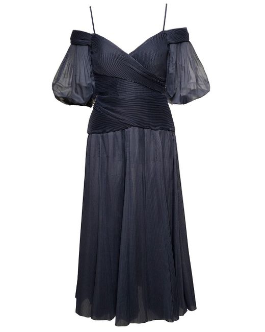 Zimmermann Blue Black Off-shoulder Pleated Midi Dress In Black Chiffon Woman