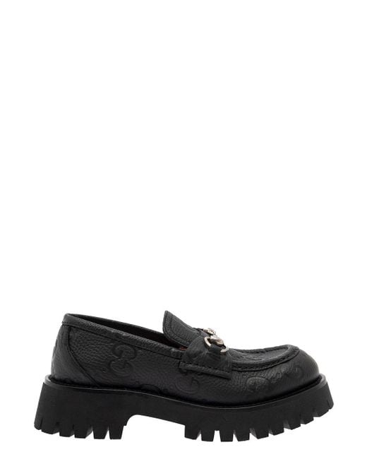 Gucci Black Loafers With Gg Motif And Lug Sole