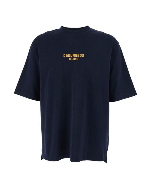 DSquared² Blue T-Shirt With Logo Print On The Front for men