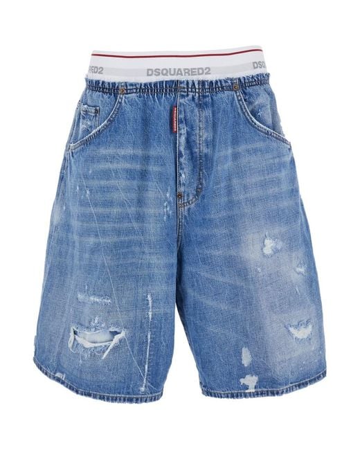 DSquared² Blue Shorts With Elastic Waist With Logo Lettering And Five-Pocket Design for men