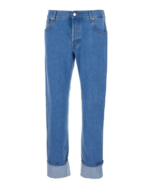 Gucci Blue Jeans With Logo Patch On The Rear And Web Turn-Up Hem for men