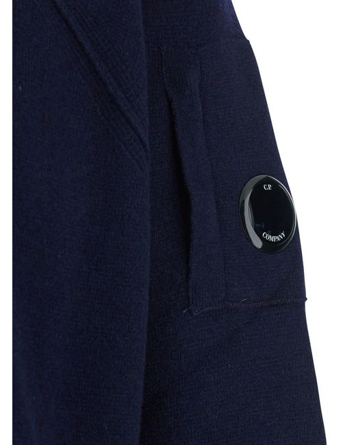 C P Company Blue Crew Neck Sweater With Compass Logo On Sleeve for men
