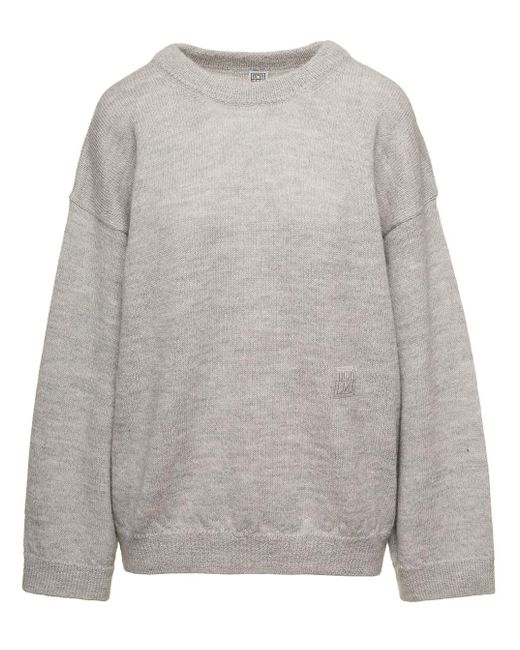 Totême  Gray Grey Monochrome Sweater With Side Embroidered Logo In Wool Blend Woman
