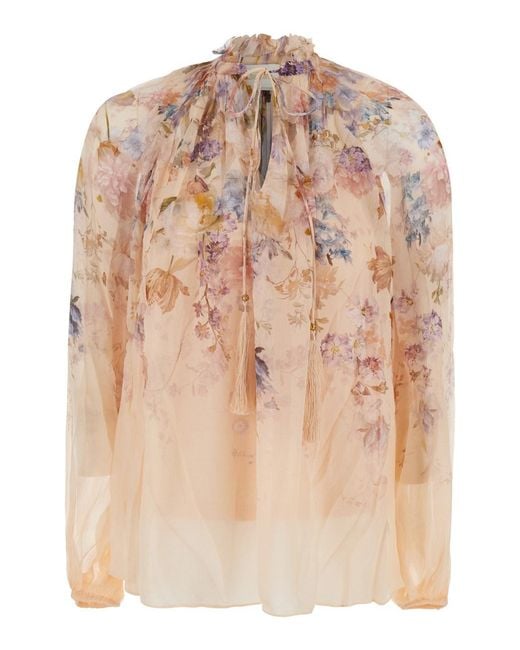 Zimmermann Natural Valiant Billow Blouse With Wide Sleeves And Collar