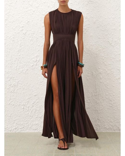 Zimmermann Brown 'Illuminate' Long Dress With Gathered Neckline And Waist And Front Single Split