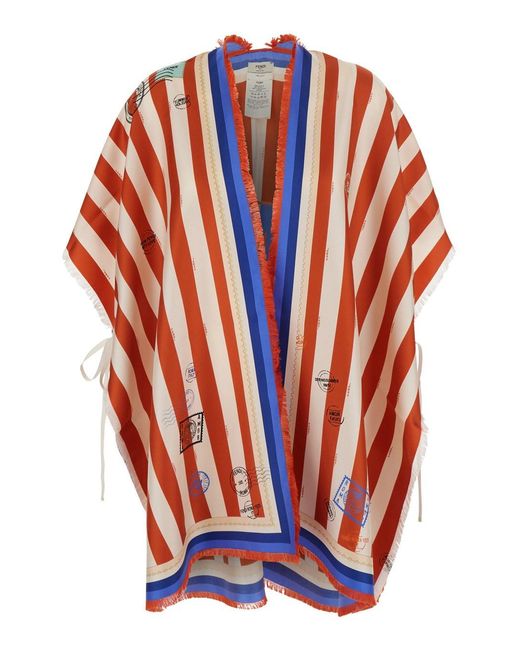 Fendi Orange Poncho Silk Printed Pequin Look22