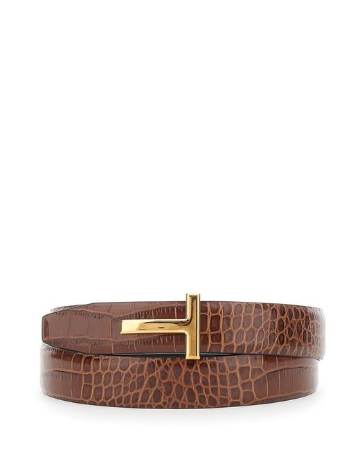 Tom Ford Brown Reversible Belt With T Buckle Closure And Embossed Crocodile Effect for men