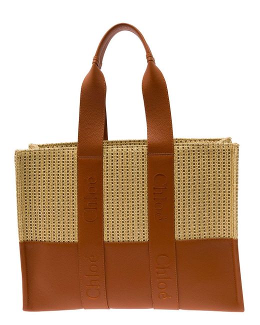 Chloé Brown 'Woody Large' Tote Bag With Logo Embroidery