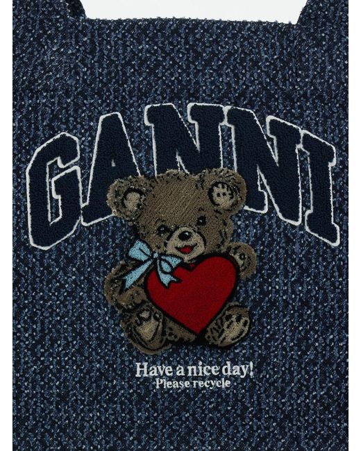 Ganni Blue Shopper With Lettering Logo And Teddy Bear On Front