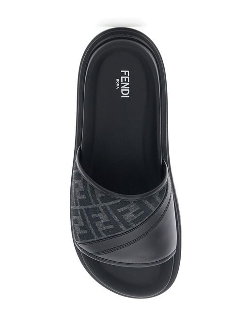 Fendi Black Sandals With Ff Diagonal Motif And Wide Jacquard Ff Strap for men