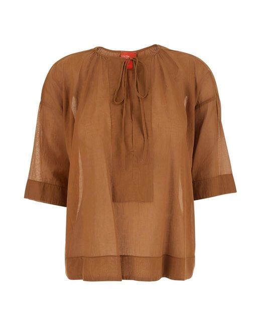 ..,merci Brown Blouse With Round Neckline And Bow Detail On The Front In