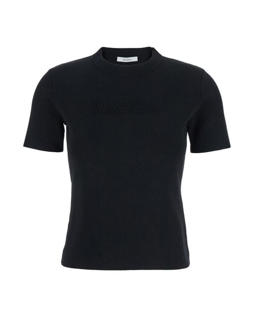 Max Mara Pure Black 'Adelio' Crewneck T-Shirt With Tonal Logo Lettering