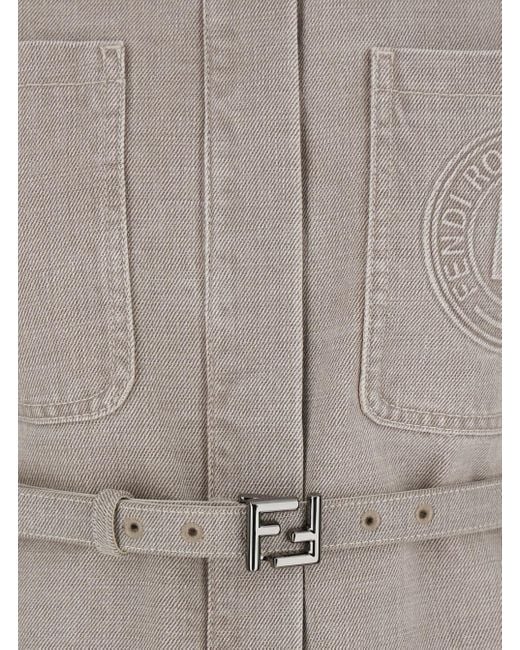 Fendi Gray 'Go To' Jacket With Belt With Ff Buckle And Logo Patch On The Front