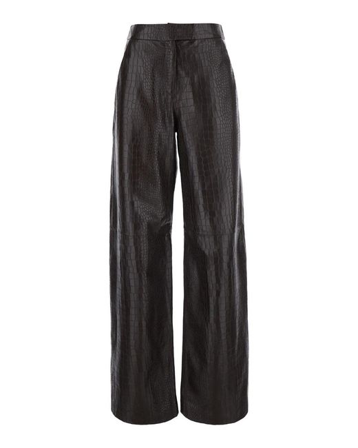 FEDERICA TOSI Black Leather Pants With Crocodile Print And Pockets For