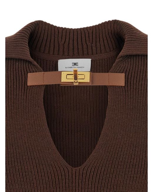 Elisabetta Franchi Brown Sweater With Polo Collar And Buckle Detail