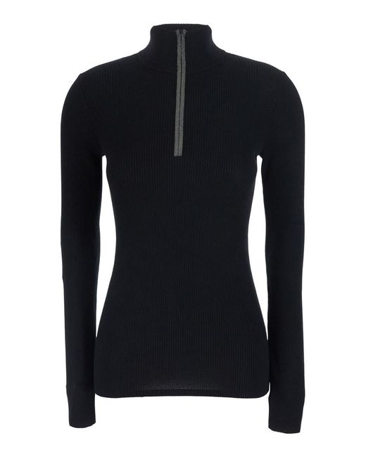 Brunello Cucinelli Black Turtleneck Sweater With Front Zip Closure And Monil Detail