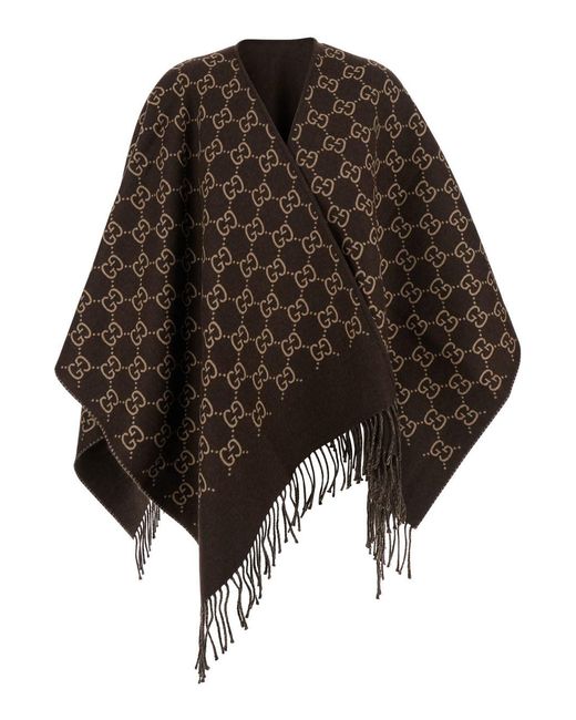 Gucci Black Cape With Fringes And Gg All-Over Motif